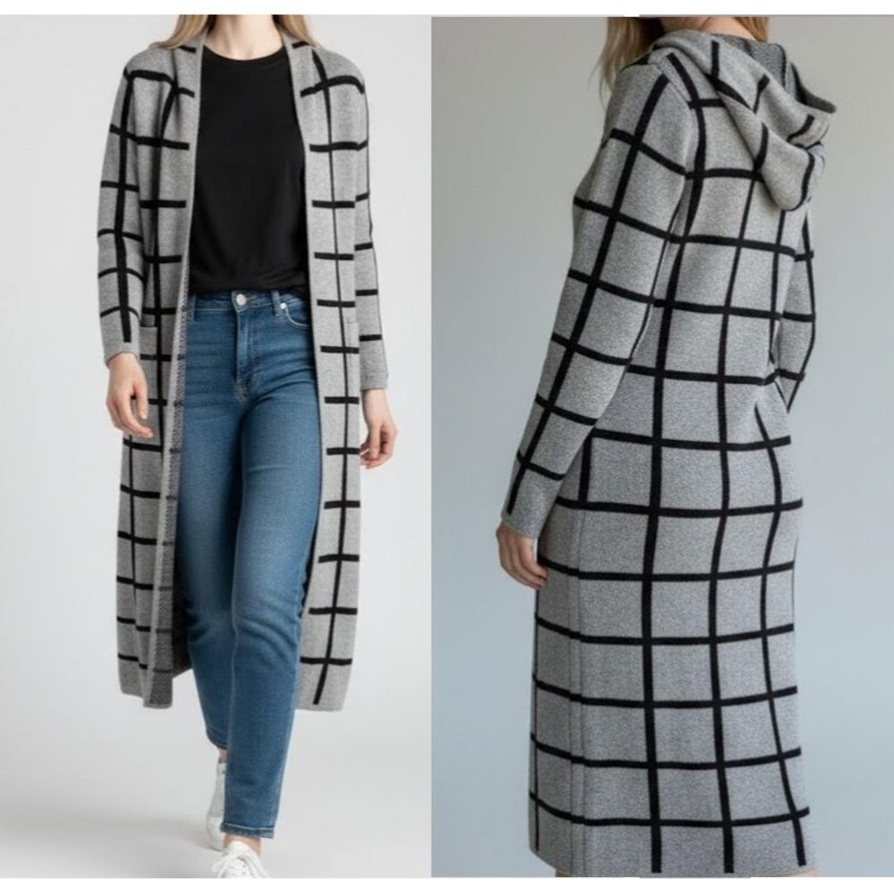 Sioni Womens Grey Black Windowpane Grid Hooded Duster Cardigan Sweater Longline